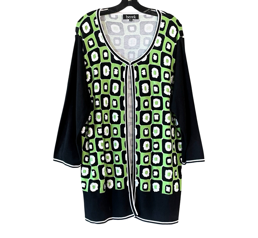 BEREK Women's Size 2X Lime Green Black White Sequin Long Sleeve Cardigan Sweater